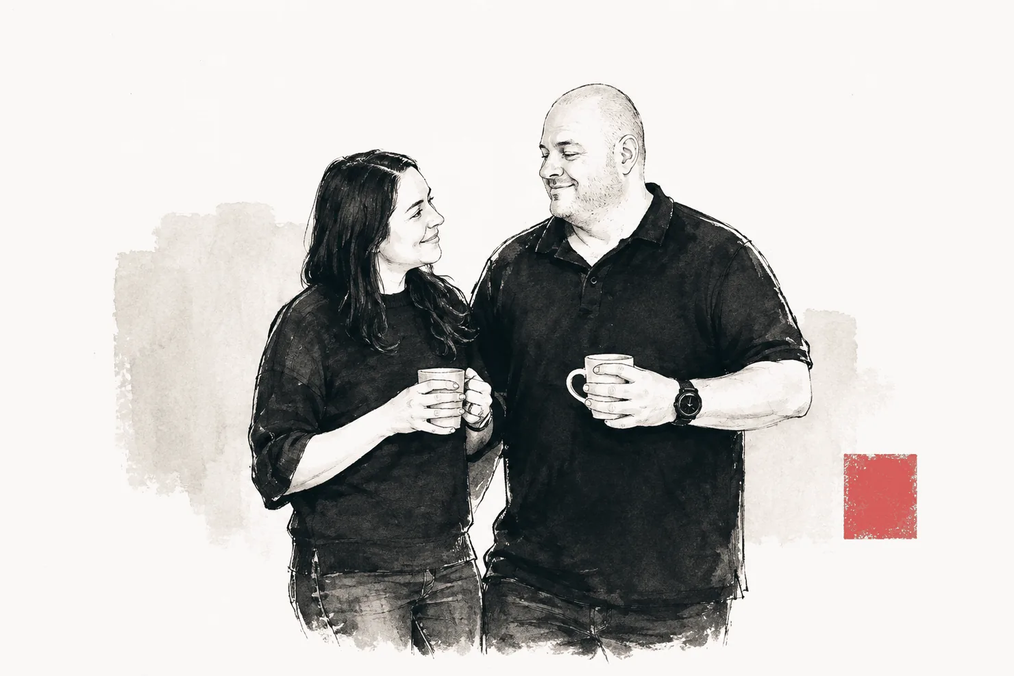 An illustrated portrait of Beverley and her husband Sean sharing a coffee.