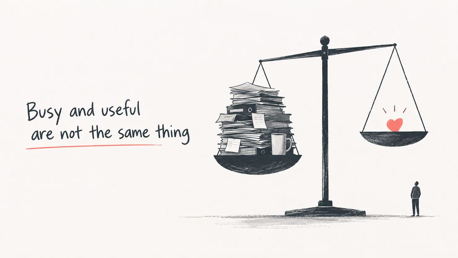 Ink-drawn scales. The left pan is loaded with a toppling stack of folders, loose papers and a coffee mug and hangs low; the right pan holds a single small red heart and rides high. A lone figure stands beside them, looking up. Hand-lettered words read: Busy and useful are not the same thing.