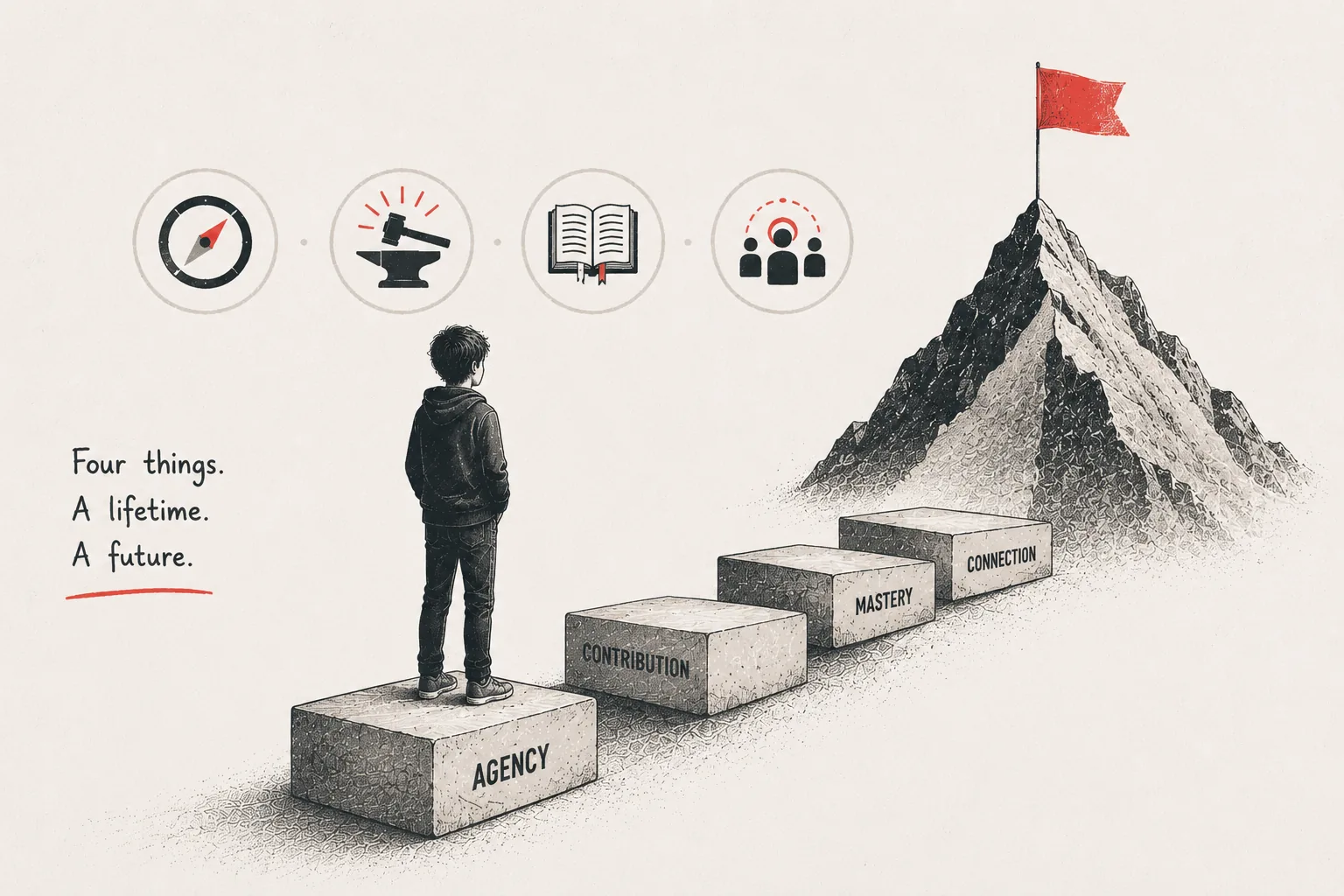 An editorial illustration: a child stands on the first of four rising stone blocks – agency, contribution, mastery, connection – that climb toward a summit flying a coral flag, with four small icons above for a compass, an anvil, an open book and a circle of people. The four things a childhood builds.