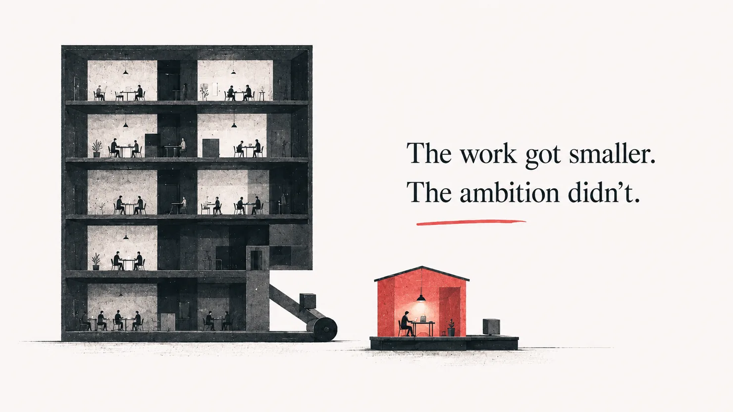 A large multi-storey office block full of workers on wheels, beside a single small coral-lit workspace with one person at a desk. The work got smaller. The ambition didn't.