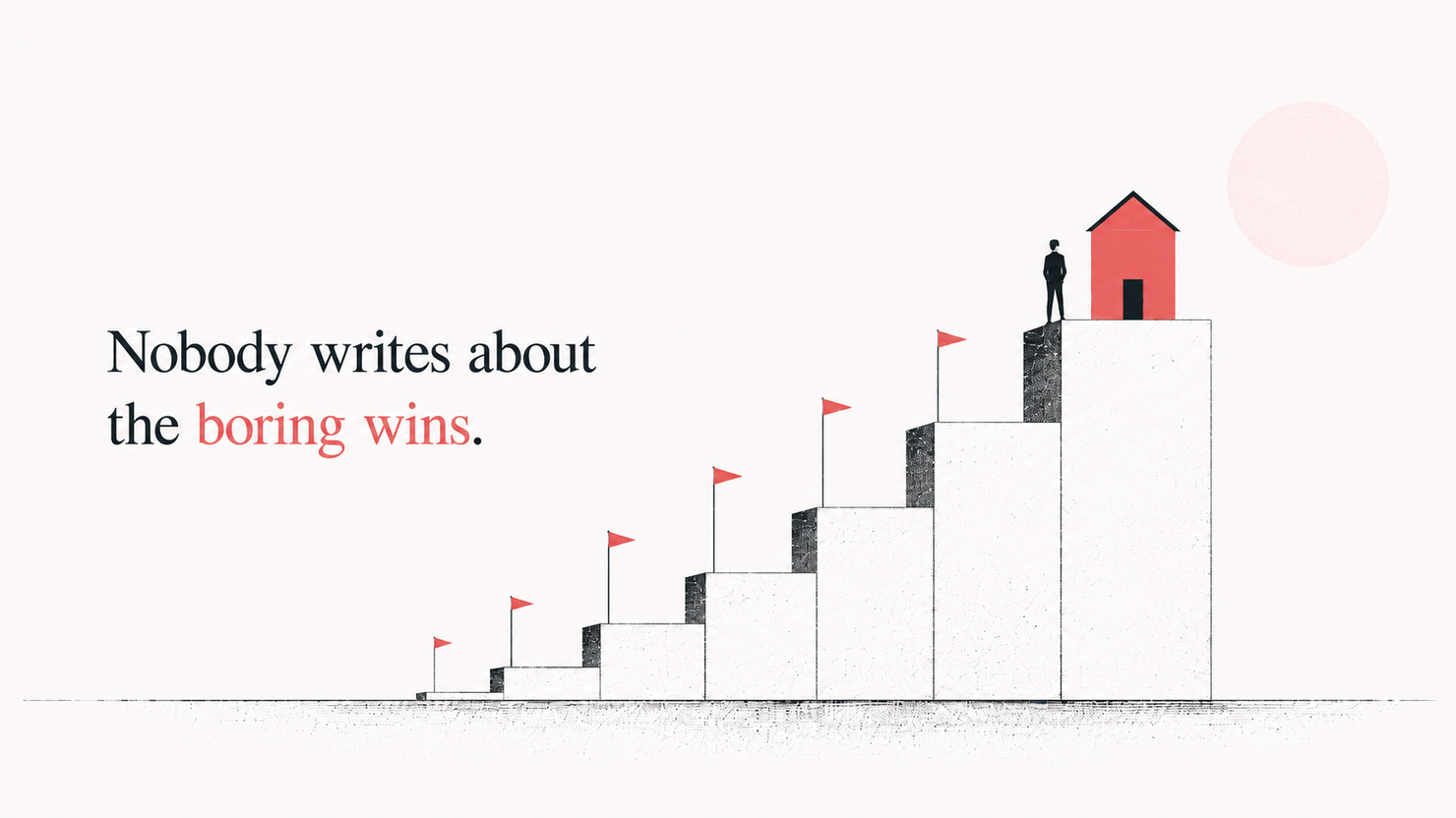 An editorial illustration: a field of small, ordinary exits set against one rare outsized one — nobody writes about the boring wins, but they are where most exits actually happen.