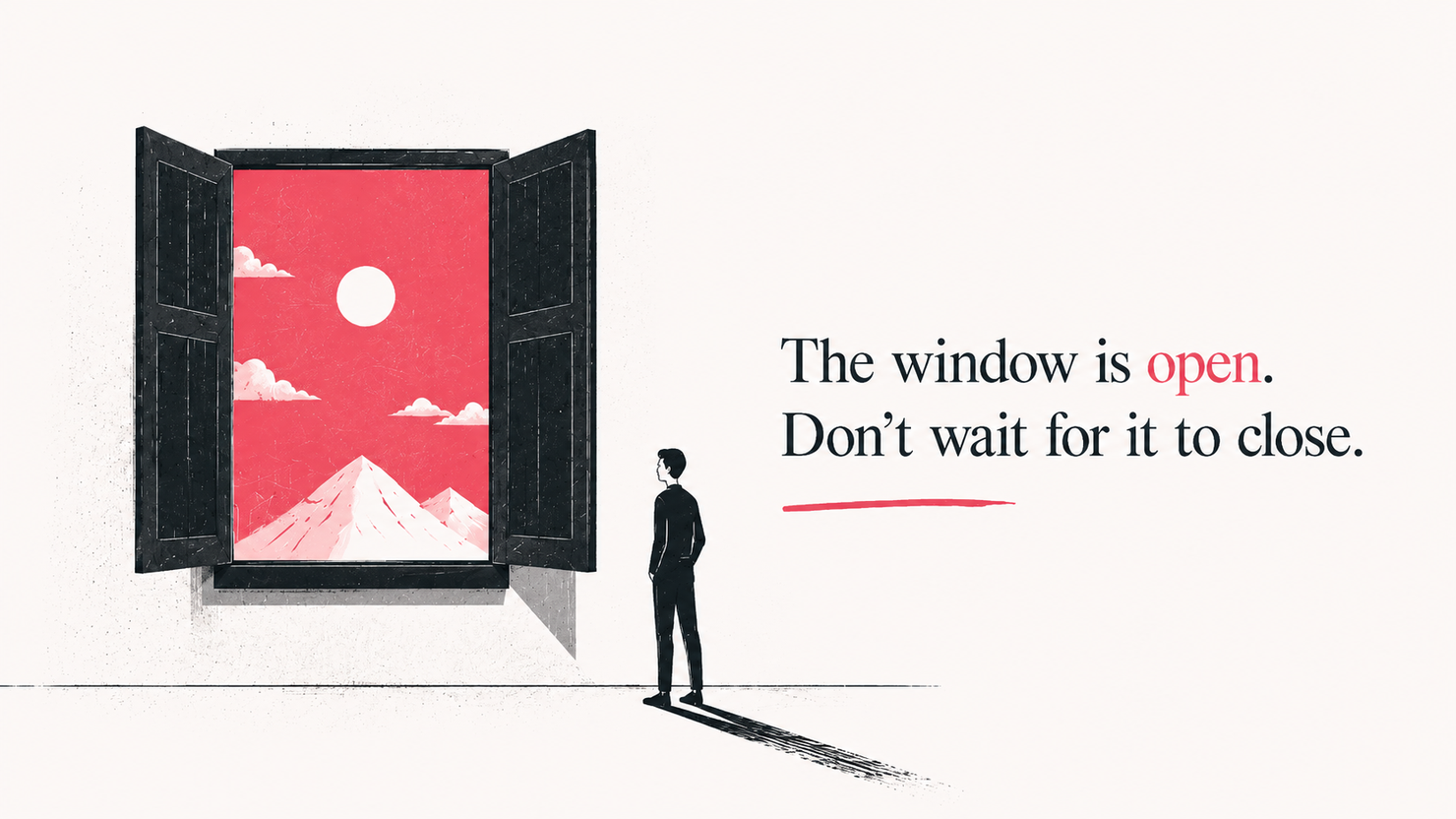An editorial illustration for The window is open: a narrow opening lit by a single band of coral light, signalling a real but temporary moment.