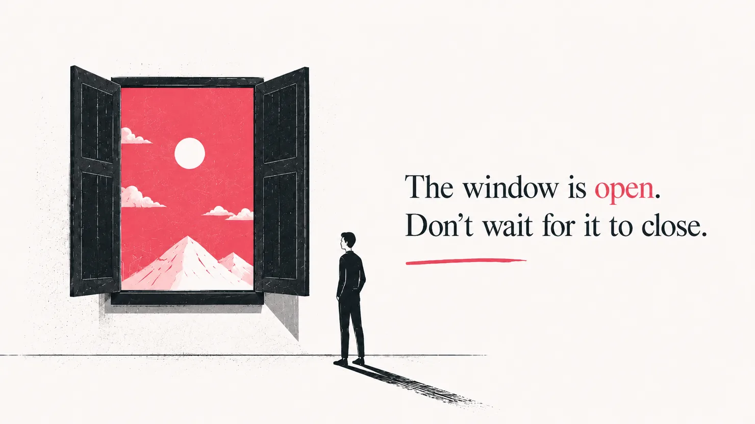 An editorial illustration for The window is open: a narrow opening lit by a single band of coral light, signalling a real but temporary moment.