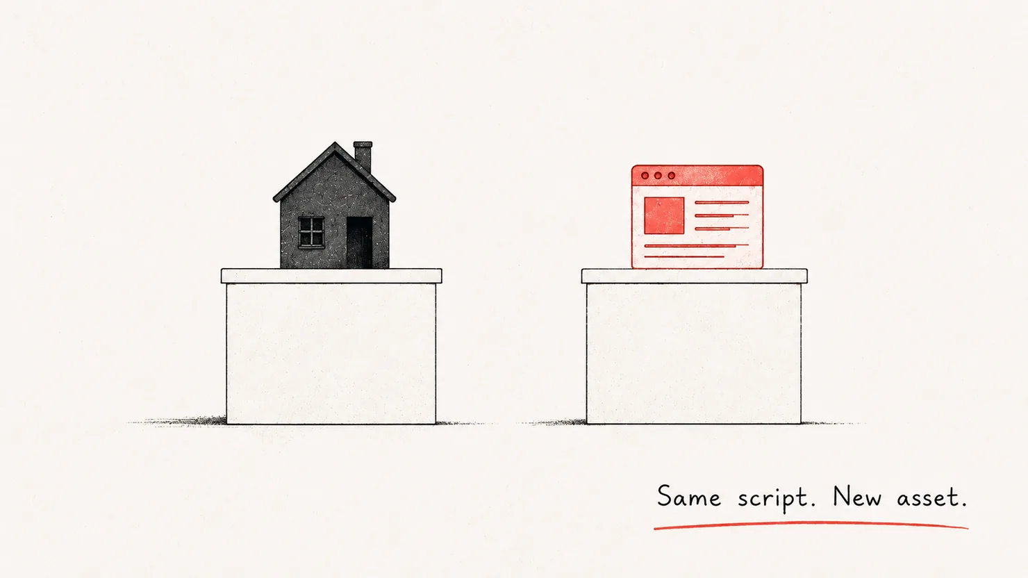 An editorial illustration: a small house and a small software window standing on two identical plinths, given equal weight – a digital business is the same kind of asset as property. Same script, new asset.
