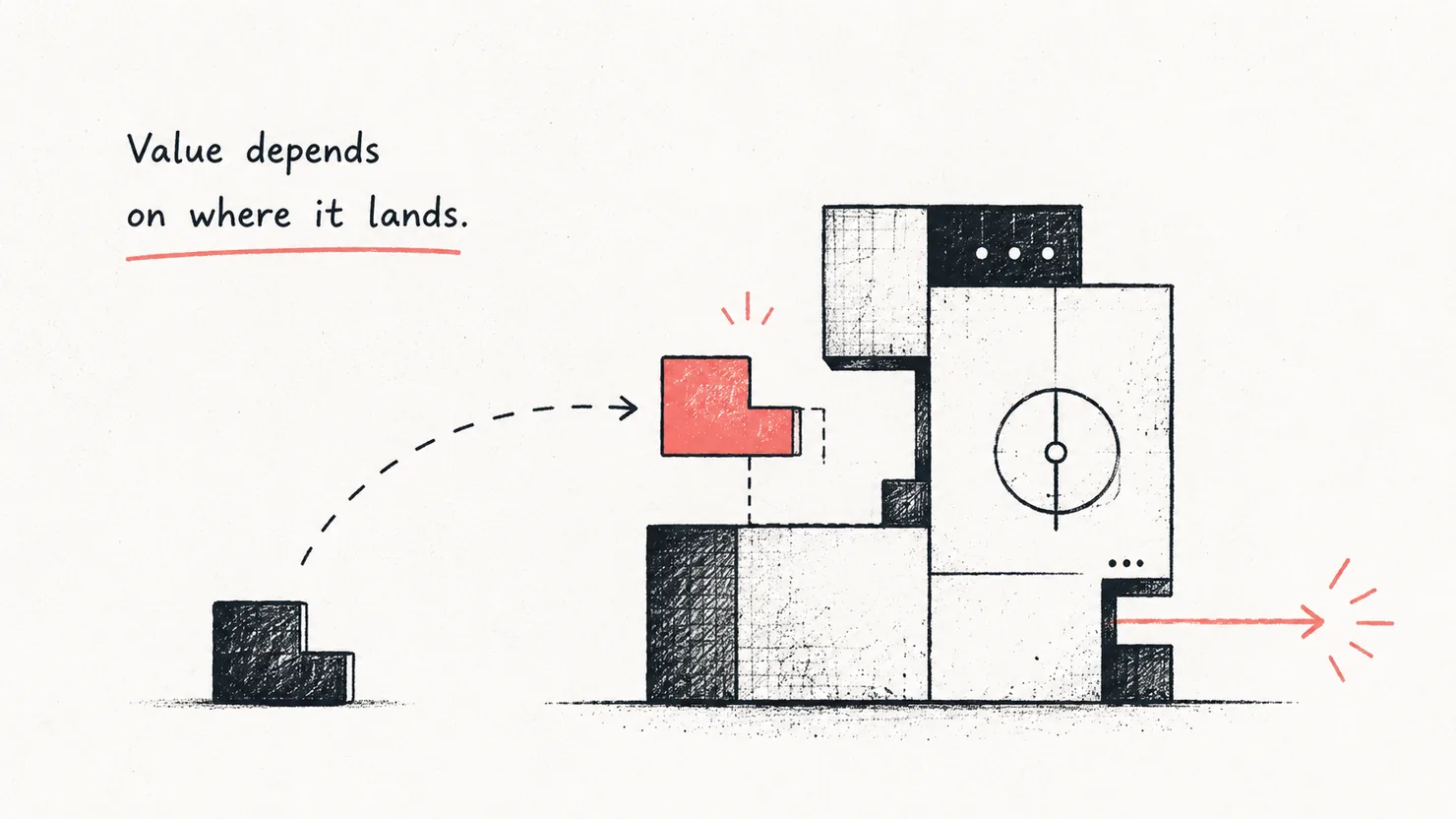 An editorial illustration: the same object valued differently by two people standing next to it – worth is not a property of the thing but a relationship between the thing and who is holding it.